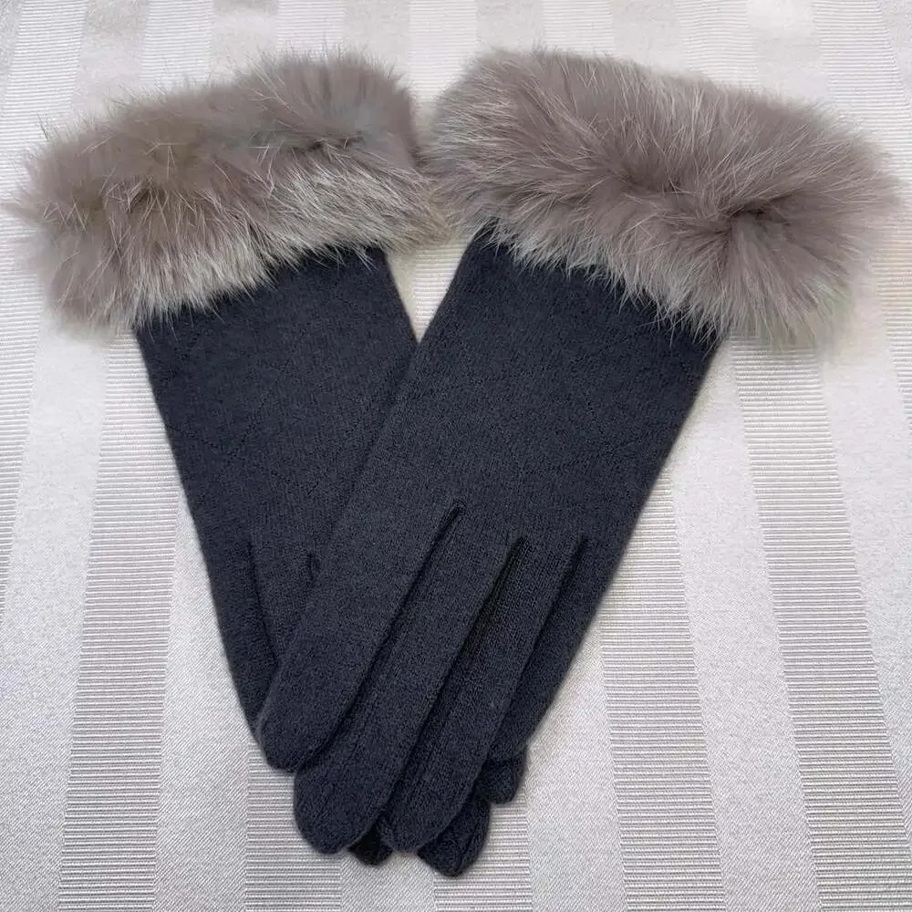 Dillards One Cashmere Wool Blend Knit Gloves Rabbit Fur Trim OS Gray NWOT